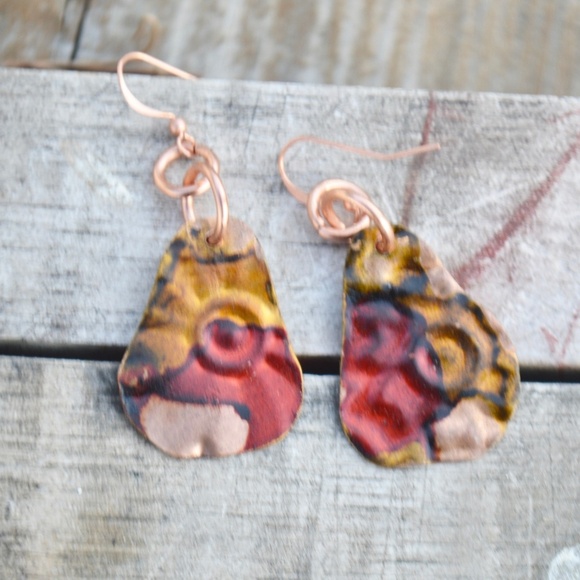 Handmade Colorful Floral Solid Copper Earrings Boho Festival Gift Cute Artsy Dan - Picture 2 of 7